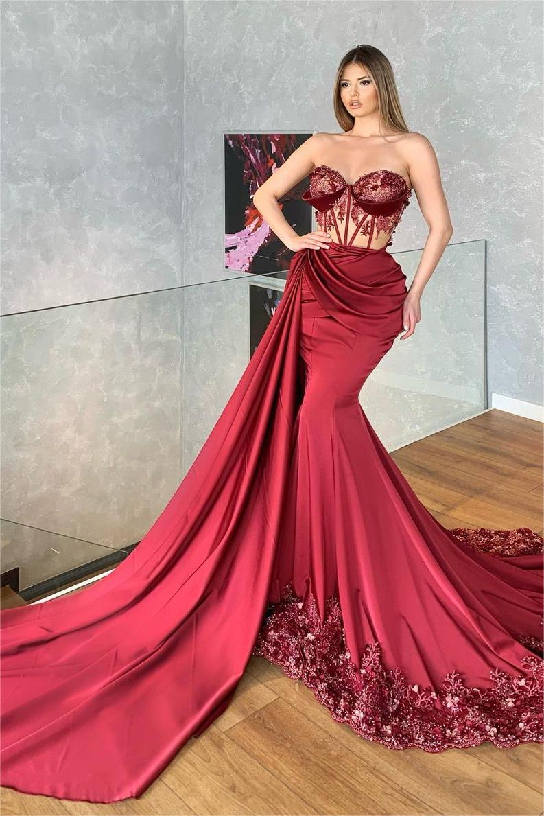 Oknass Glamorous Strapless Sleeveless Long Pleated Mermaid Prom Dress With Embroidery