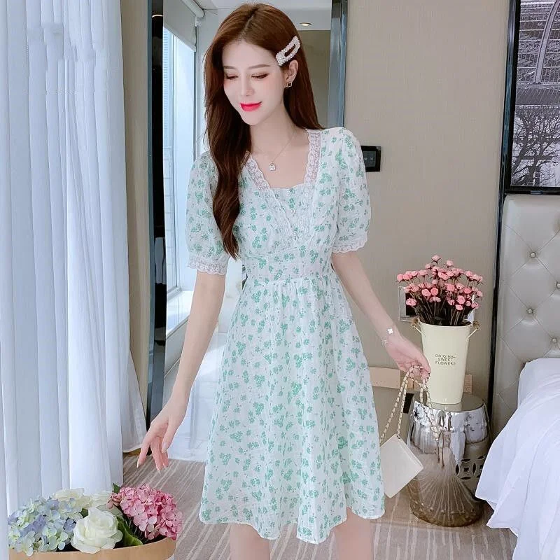 Jangj Leisure Wild V-neck Mid-calf Dresses Casual Floral Chiffon Women's Clothing Pullover Summer Puff Sleeve Korean Trend