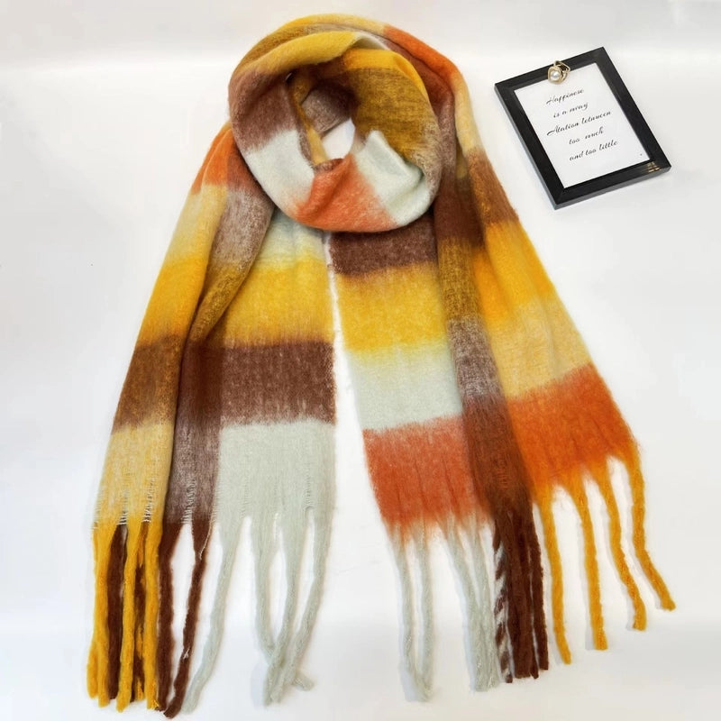 Rainbow Plaid Tassel Scarf For Women Autumn And Winter Famous Color Matching Cashmere Mohair Shawl Thickened Scarf