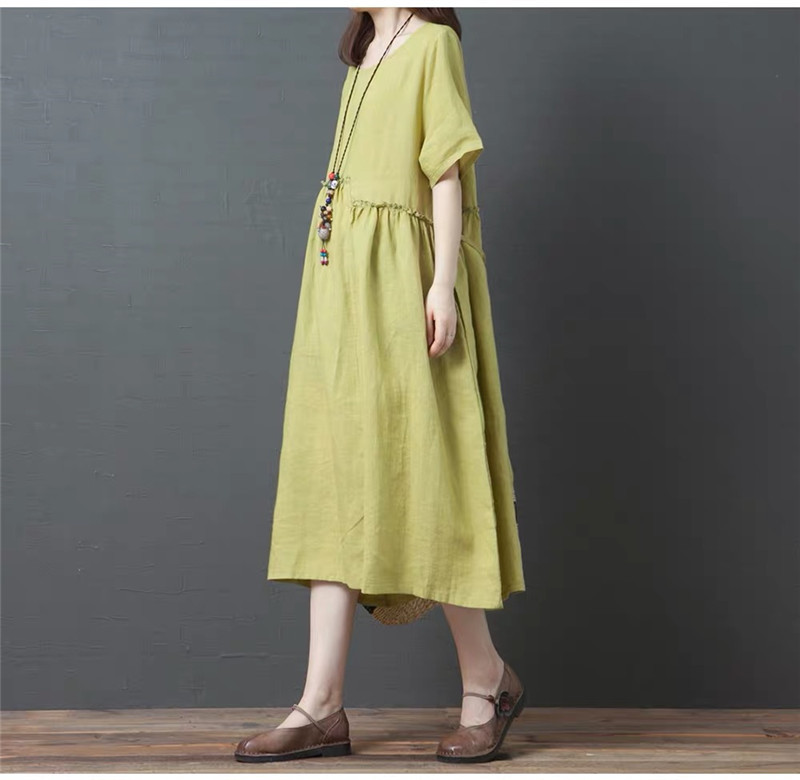 Short Sleeve Loose Summer Dress Cotton Linen Patchwork Button Vintage Dress Solid Color Women Holiday Casual Midi Dress