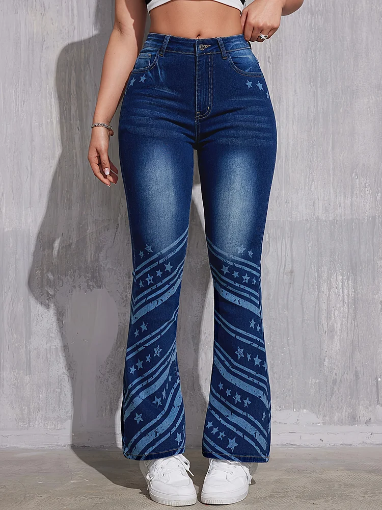 Women's Retro Denim Jeans Star Print Flare Long Jeans