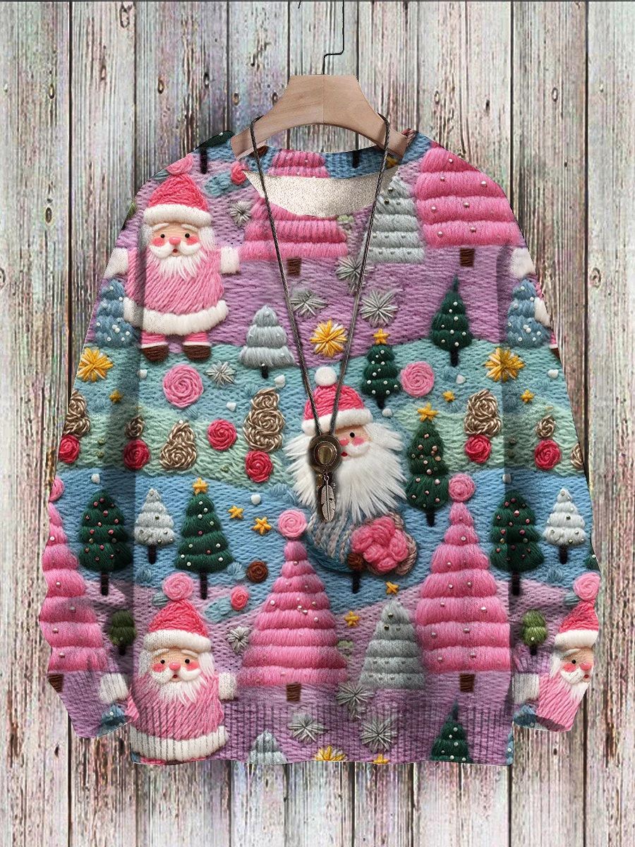 Pink Santa Claus Printed Casual Knitted Sweatshirt