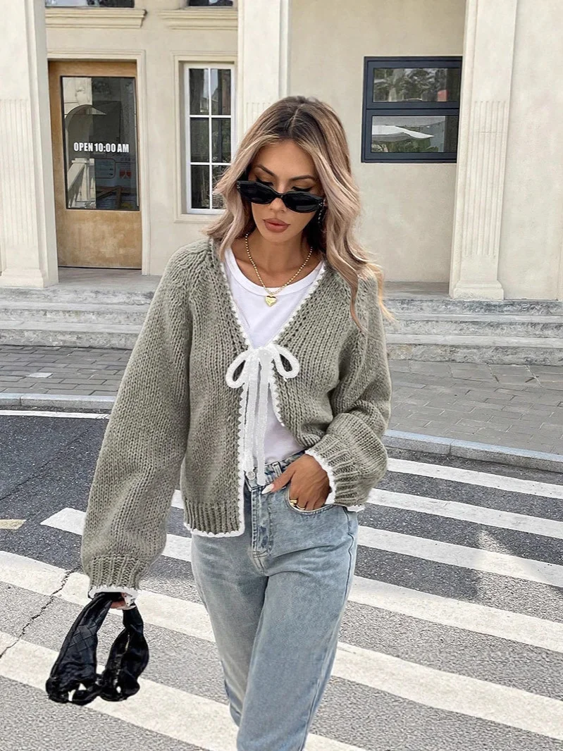 Athvotar Athvotar And Winter Sweater Women's New Knitted Shirt Loose Long-Sleeved Bow Tied With Cardigan Coat Top Woman
