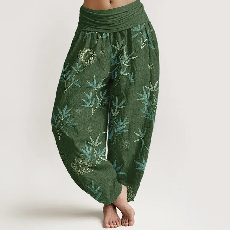 Cotton Bamboo Geometric Flowers Pattern Women's Elastic Waist Harem Pants