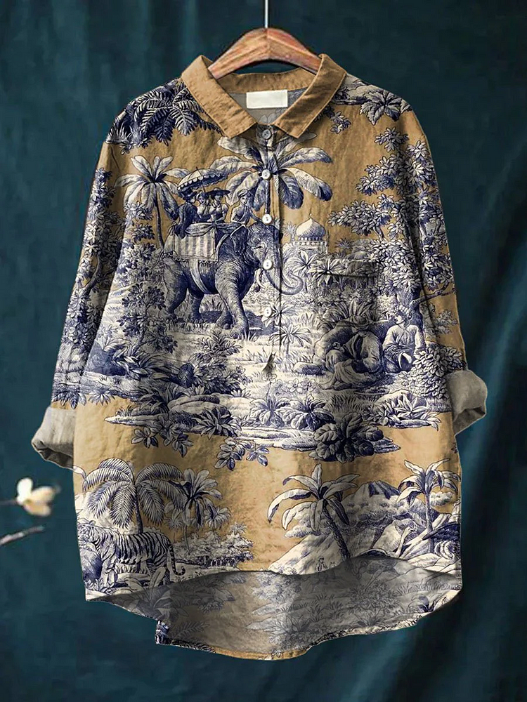 Vintage Ethnic Lovely Elephant Art Print Casual Cotton And Linen Shirt