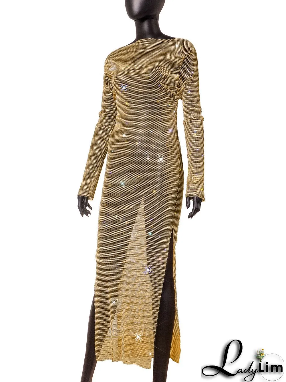 Women's Side Slit Party Night Round Neck Long Sleeve Sparkly Beaded Maxi Dress