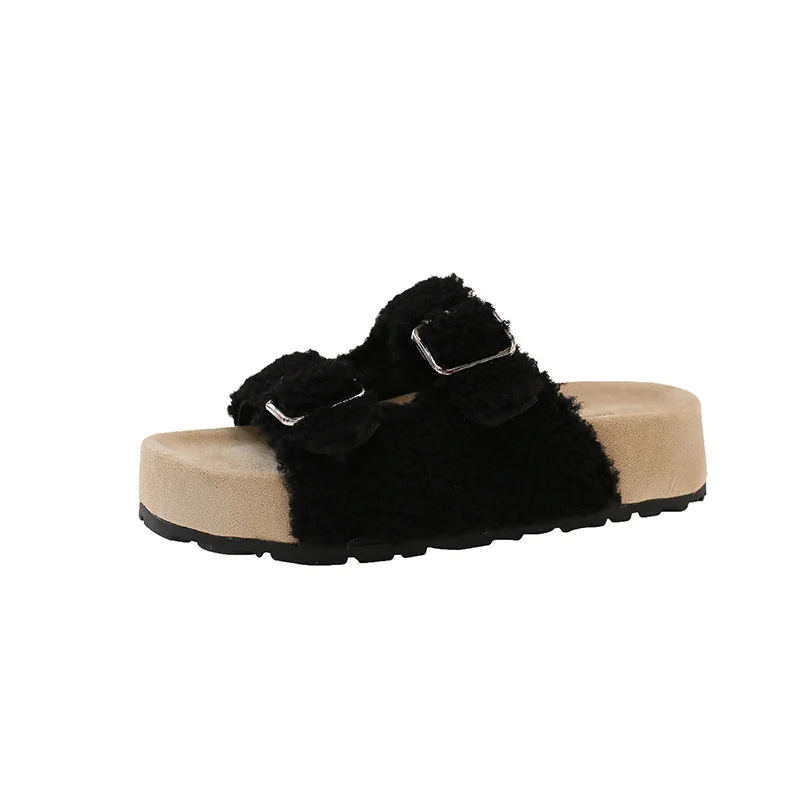 Yyvonne New Lamb Hairy Shoes Double Buckle Buckle Buckle Shoes Thick-Skin Pine Cake Word Sandals To Wear Slippers Women's Shoes