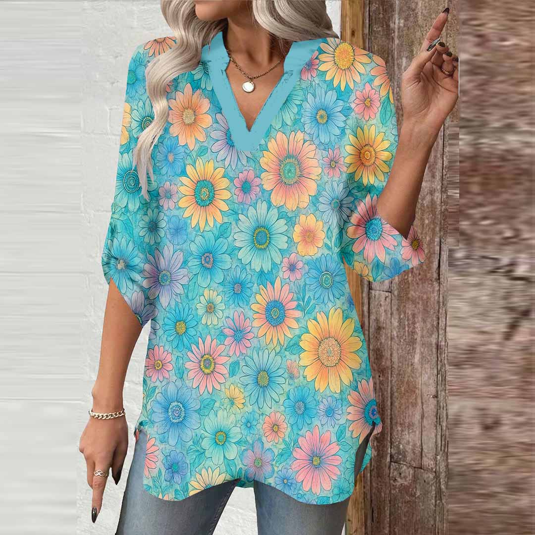 Women Floral,Green,Yellow DZGA0262 3/4 Sleeve V-neck Printed Graphic Button Tops