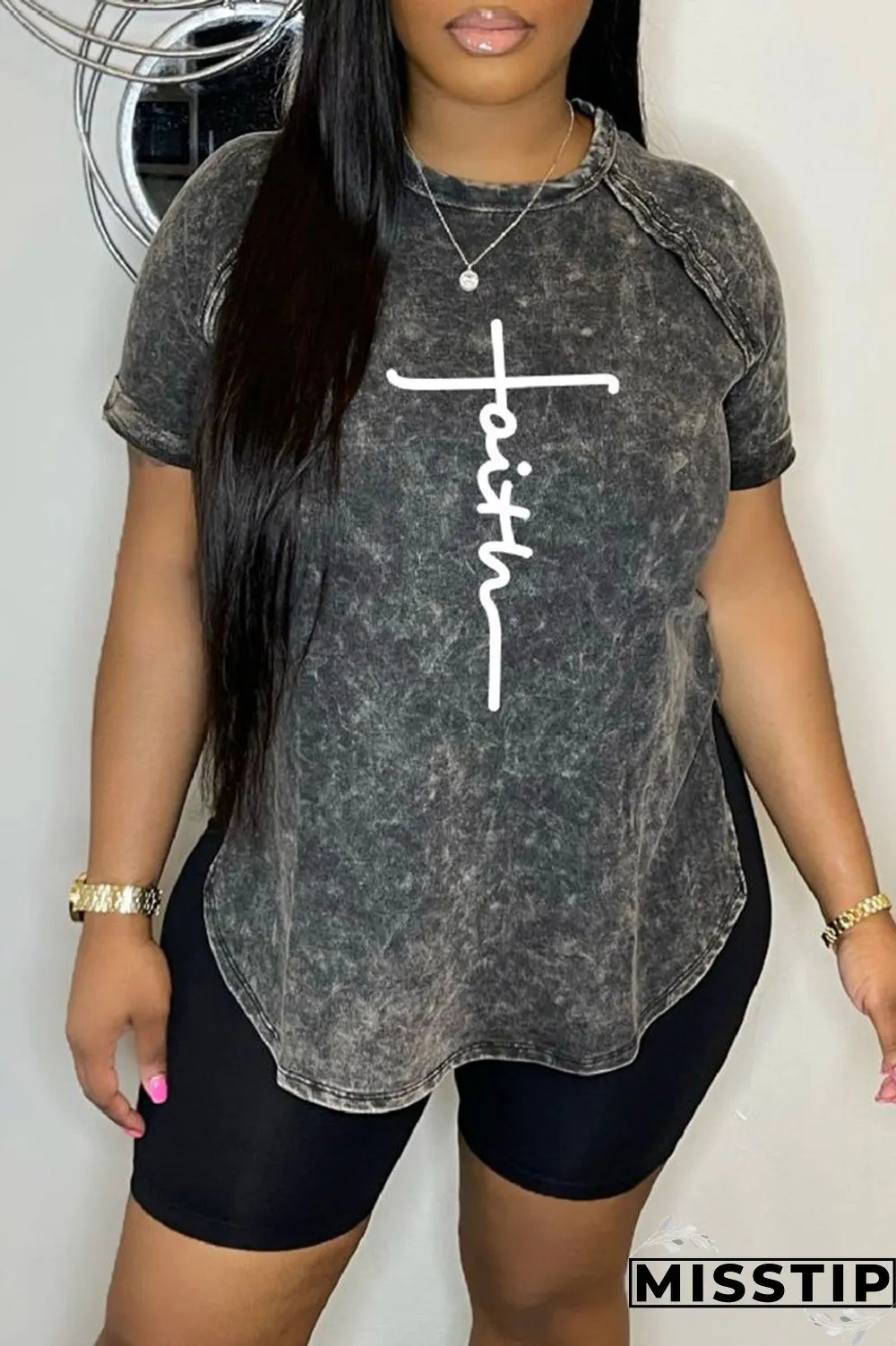 Black Casual Print Basic O Neck Short Sleeve Two Pieces