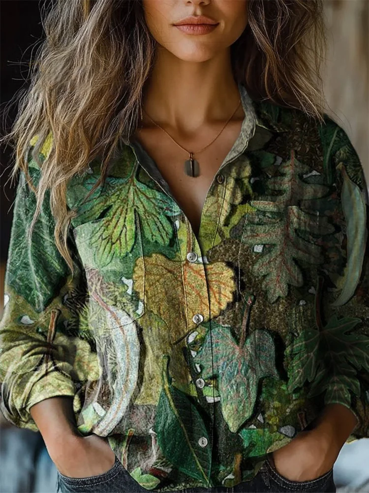 Womens Leaf Pattern Print Casual Long Sleeve Comfortable Cotton Shirt