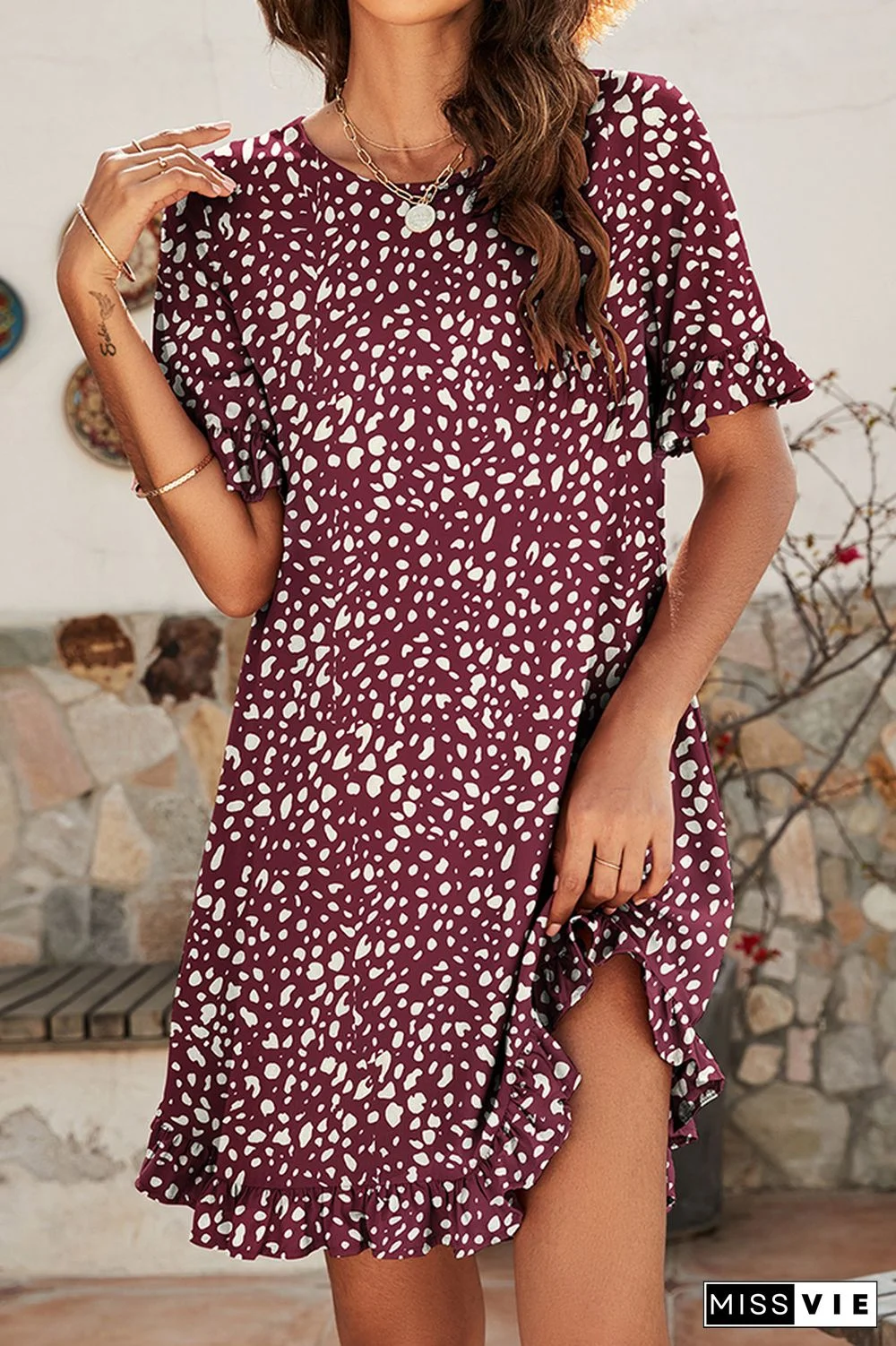 Leopard Print O-neck Short Sleeve Ruffles Dress Wholesale