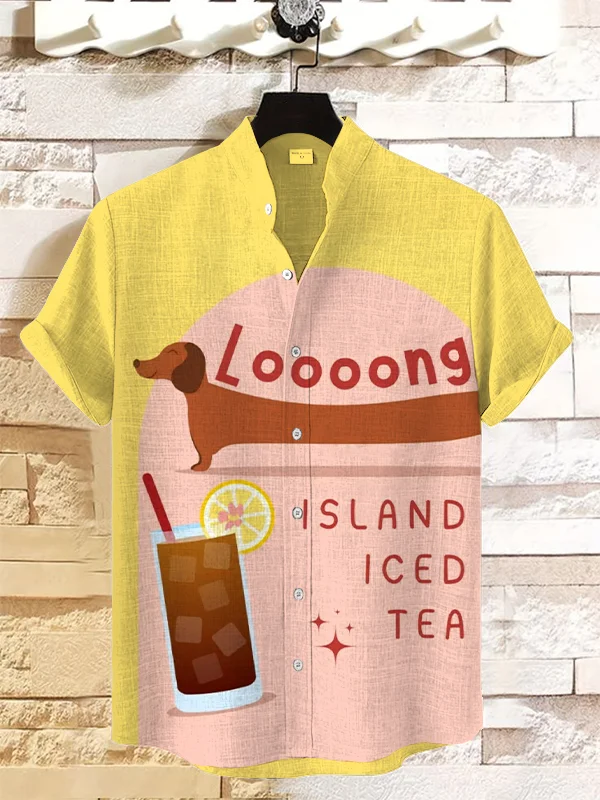 Men's Dachshund Long Island Iced Tea Cocktail Print Linen Blend Shirt