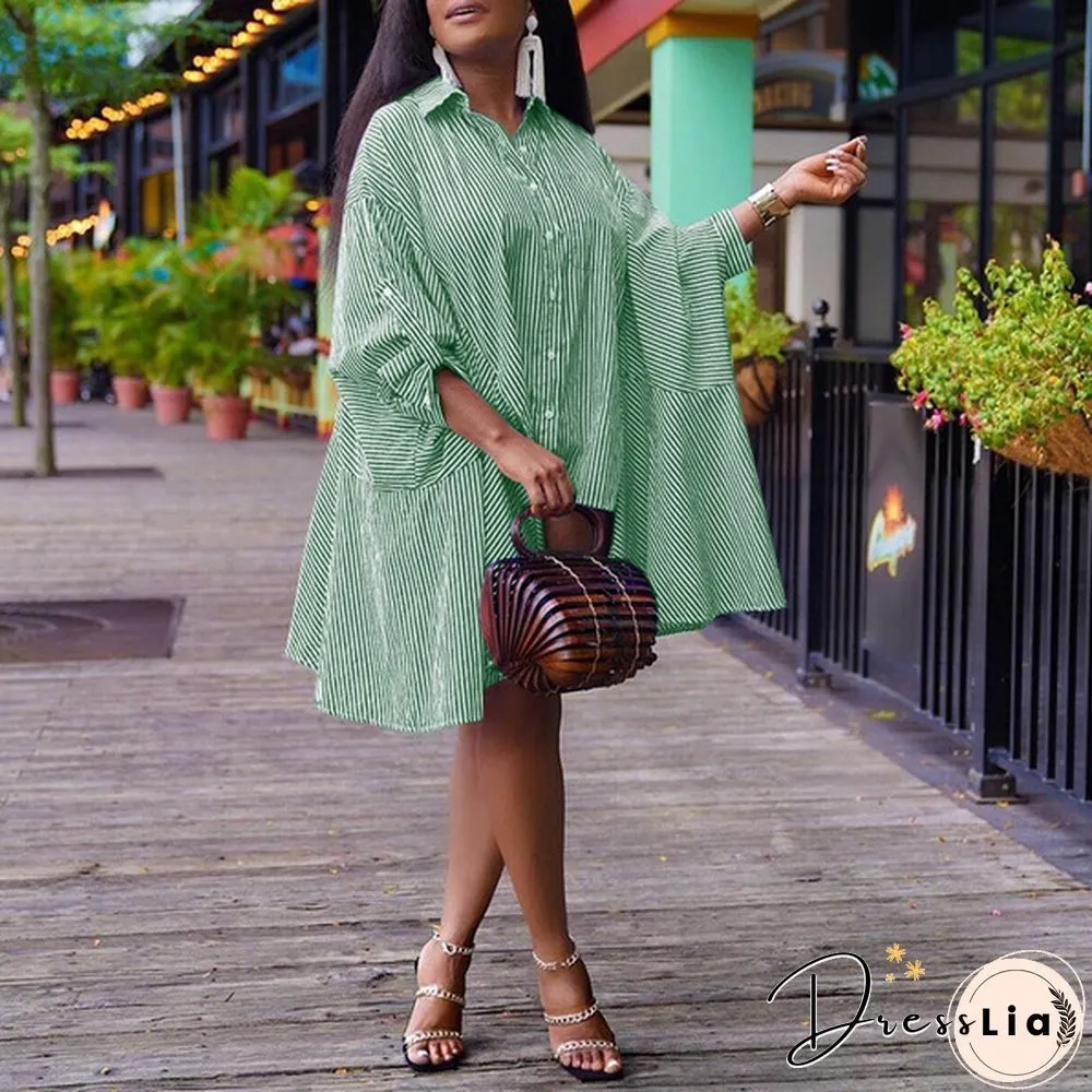 Women Fashion Pleated Ruffled Hem Baggy Irregular Hem Vestido S-5XL Batwing Sleeve Lapel Collar Striped Dresses