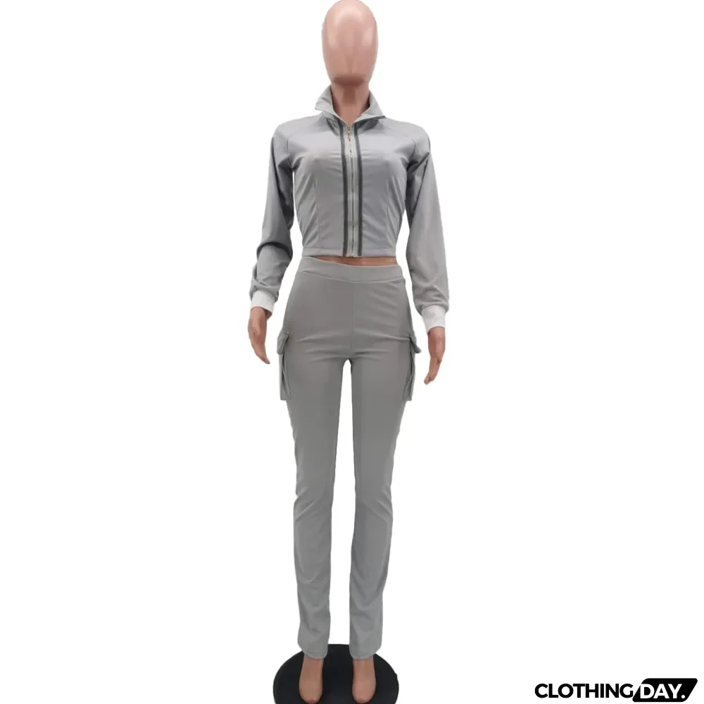 Autumn Blank Zip Crop Top and High Waist Pocket Trouser Set