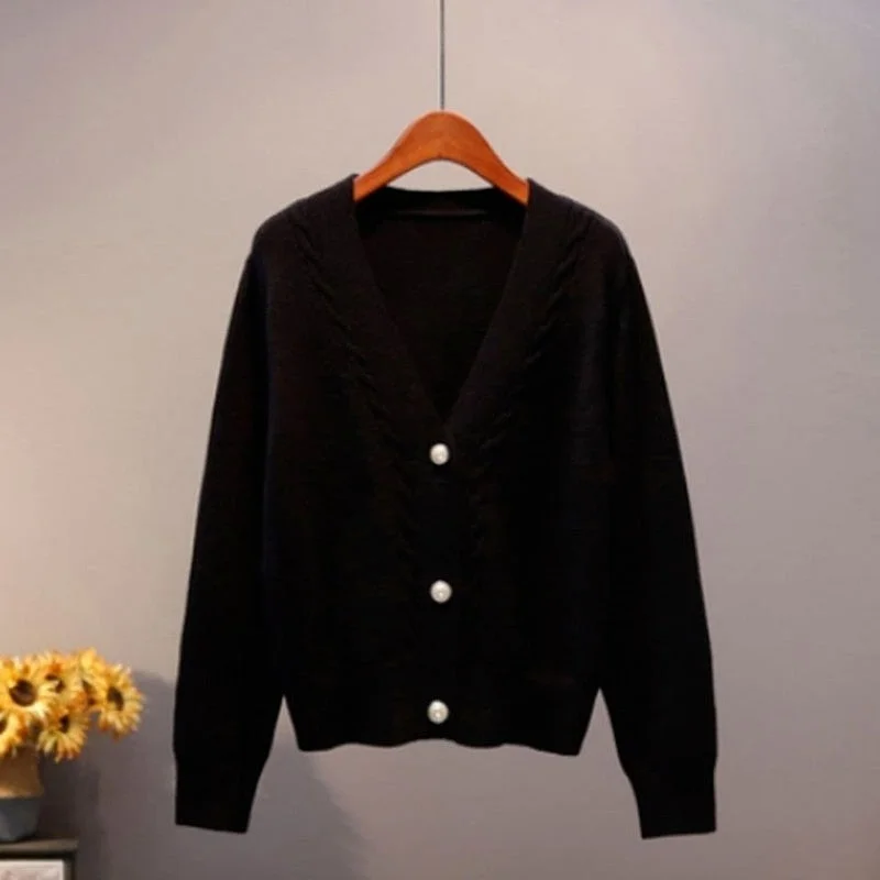 Sweater Cardigan Women Autumn New V Neck Pearl Single Breasted Loose Short Thicken Sweater Sweet Long Sleeve Knitted Top 16969