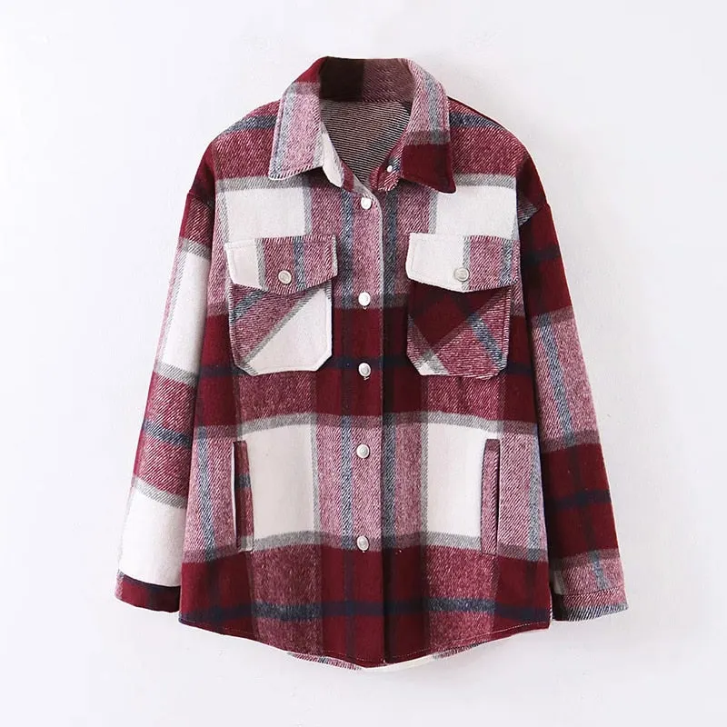 Aachoae Loose Casual Wool Plaid Jacket Women Turn Down Collar Fashion Coat With Pockets Autumn Long Sleeve Ladies Jackets Coats