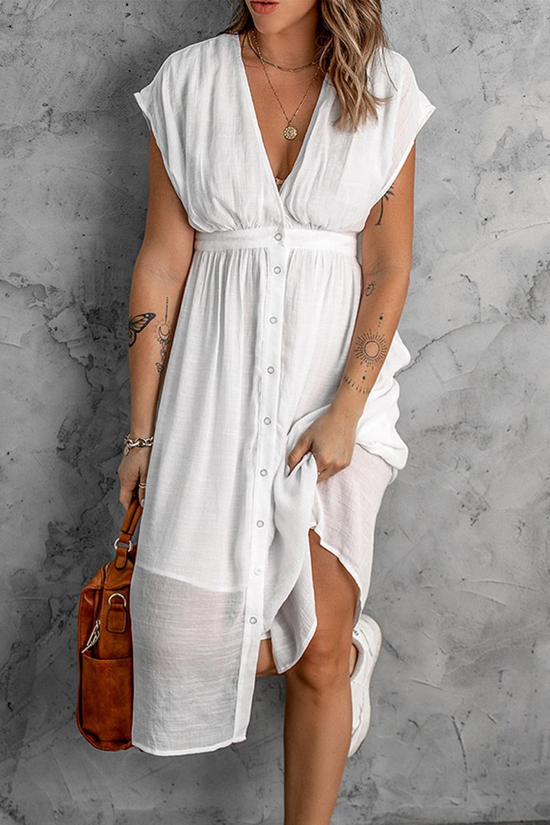 Double-layer Tulle Solid Color Dress Women's Deep V Short Sleeve Waist Dress White Dresses | EGEMISS