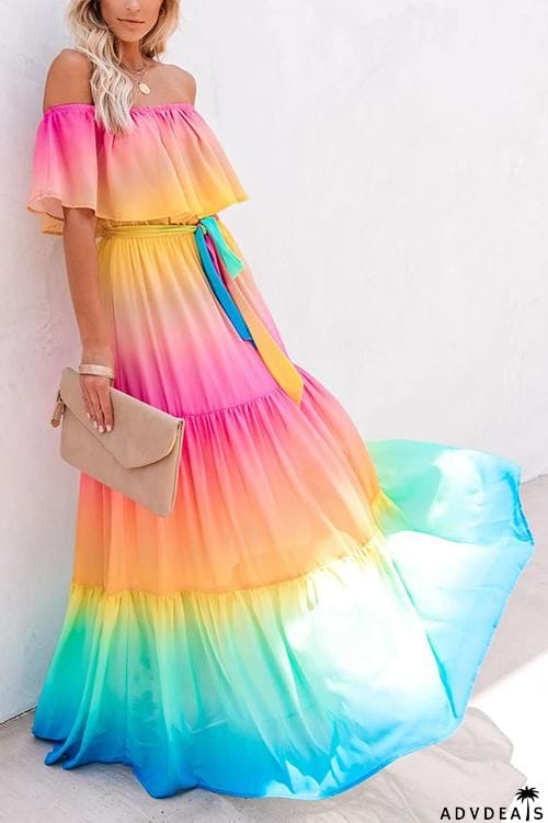 Gradient Off Shoulder Belted Maxi Dress