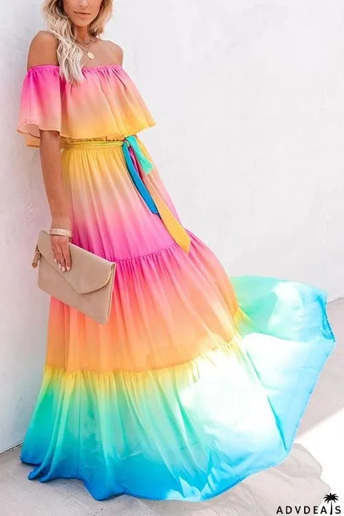 Gradient Off Shoulder Belted Maxi Dress