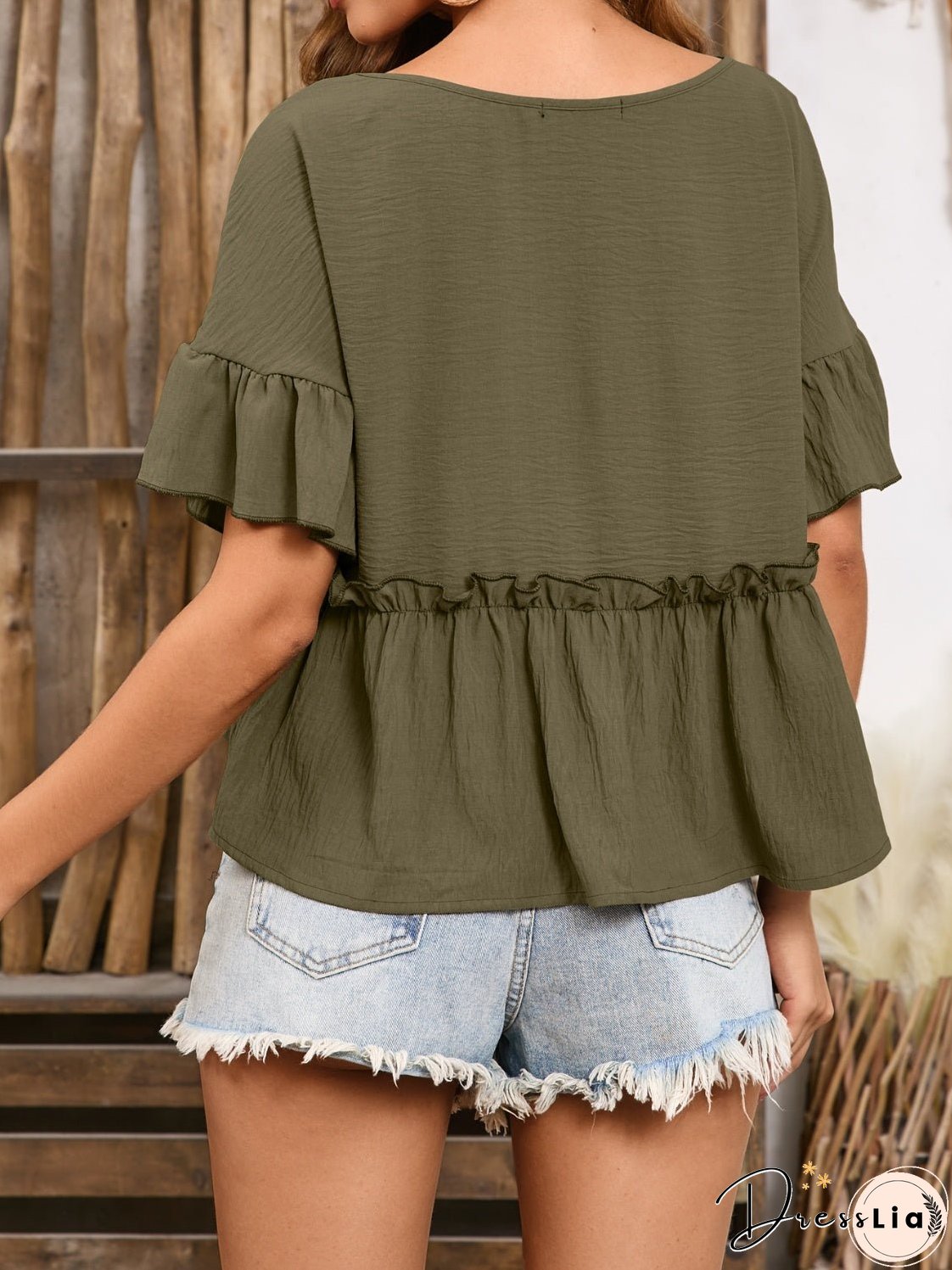 Frill Decorative Button Round Neck Half Sleeve Blouse