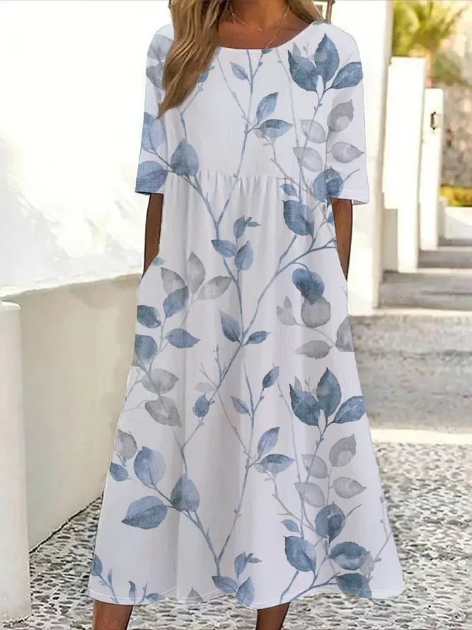 Vintage Floral Print Crewneck Pocket Midi Dress