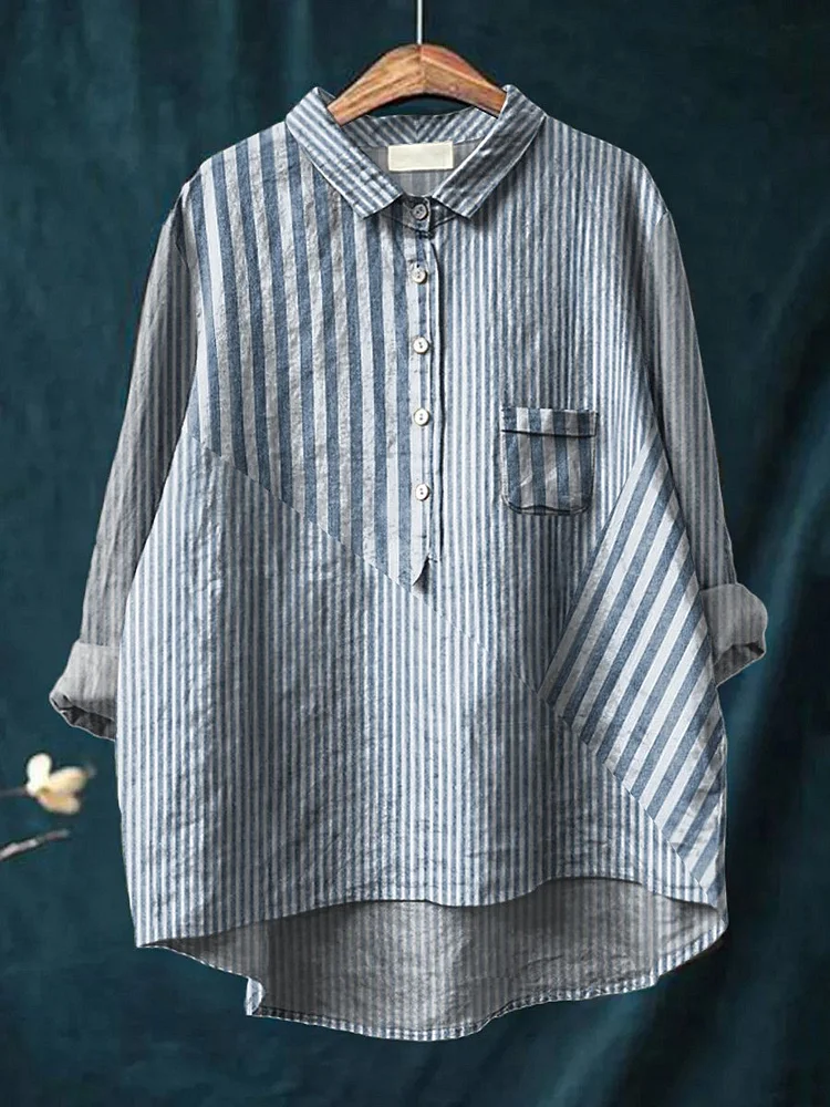 Cotton Blend Stripe Long Sleeve Casual Shirt