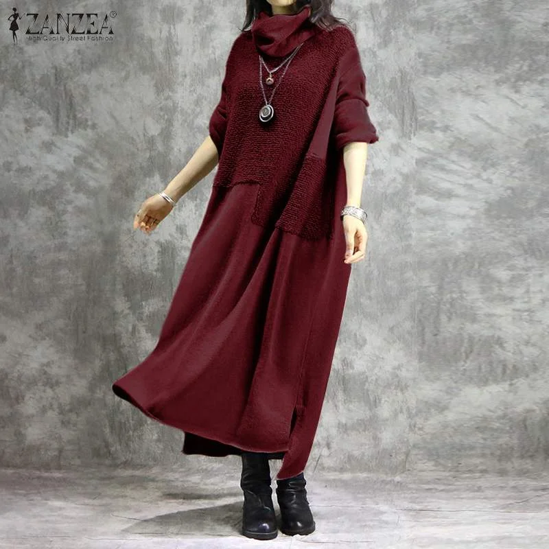 ZANZEA Women Turtleneck Long Sleeve Sweatshirts Dress Casual h Fluffy Patchwork Long Dress Autumn Vintage Vestido Sundress