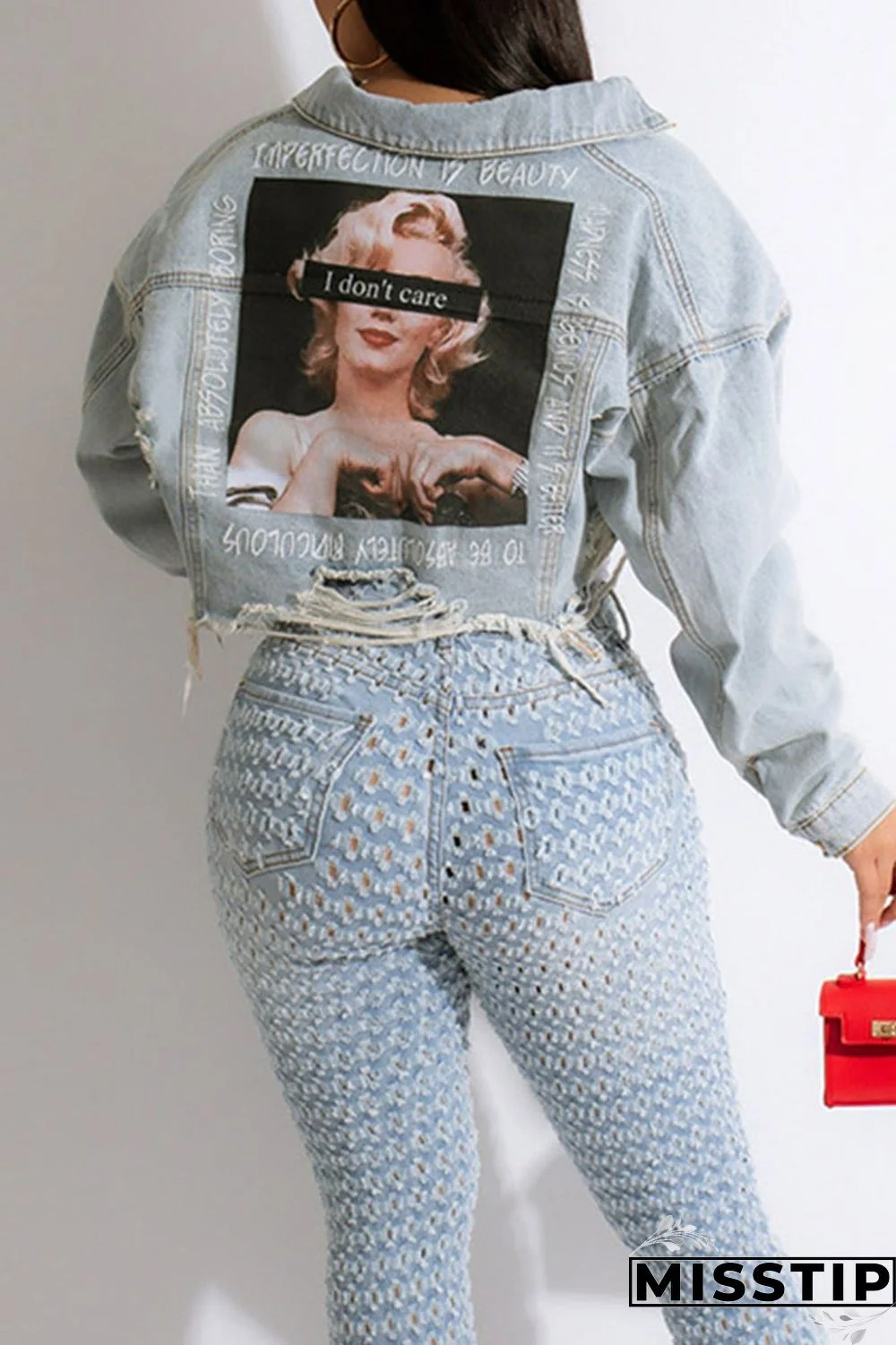 Blue Orange Street Print Make Old Patchwork Buckle Turndown Collar Long Sleeve Straight Denim Jacket