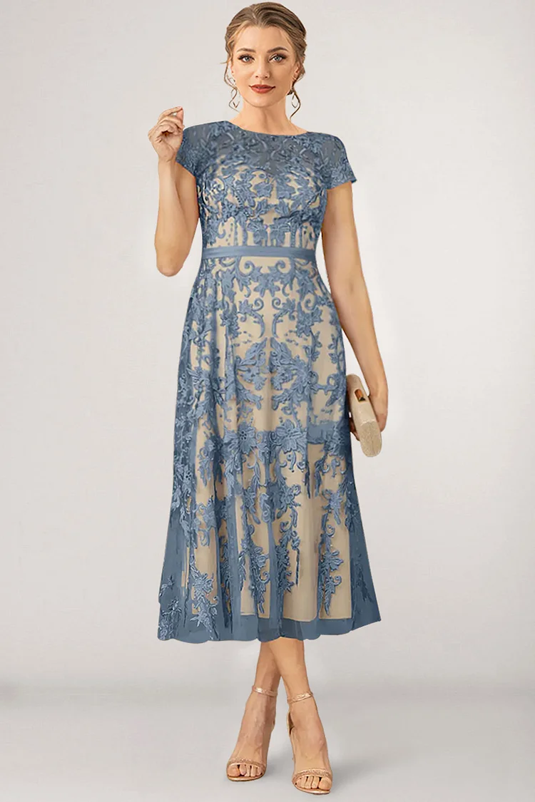 Flycurvy Plus Size Mother Of The Bride Blue Chiffon Lace Tunic Tea-Length Dress  Flycurvy [product_label]