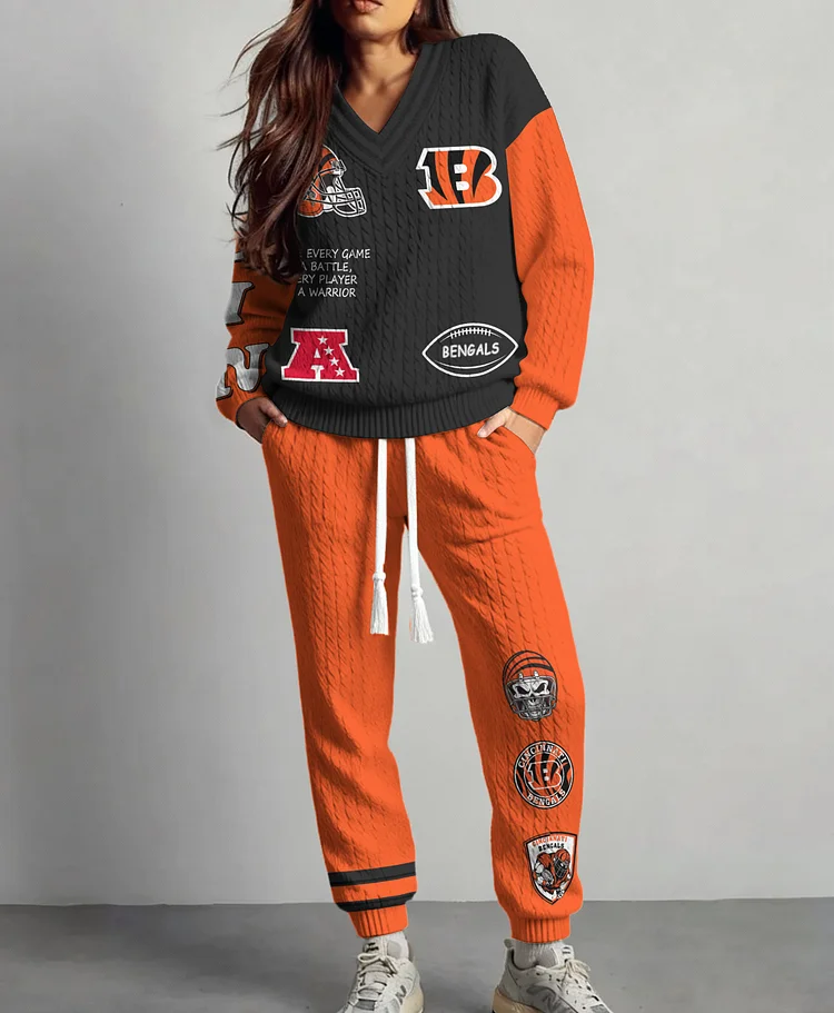 Cincinnati Bengals  Classic All-Season Long Sleeve V-Neck Pullover Sweater & Pants Set