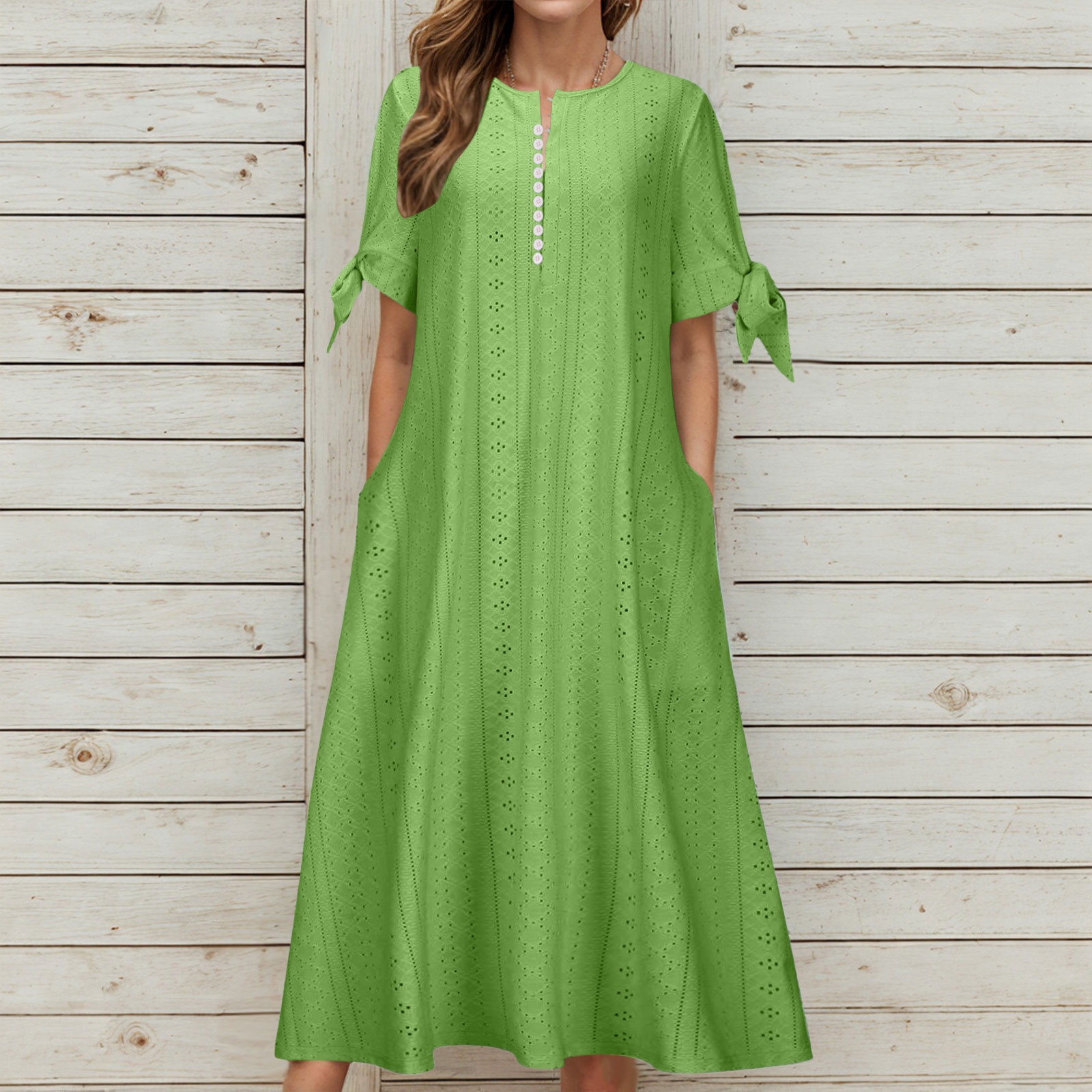 Women Summer Casual Dress Solid Color Button V Neck Holiday Beach Hollow Dress Short Sleeve Elegant Party Dresses For Women