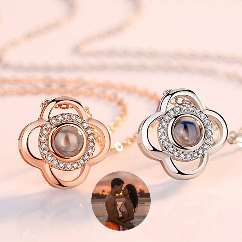Vangogifts Personalized Picture Necklace,four-leaf clover Pendant,Anniversary Gift,Mother's Day Gift,Projection Necklace,Memorial Gift,Christmas gift