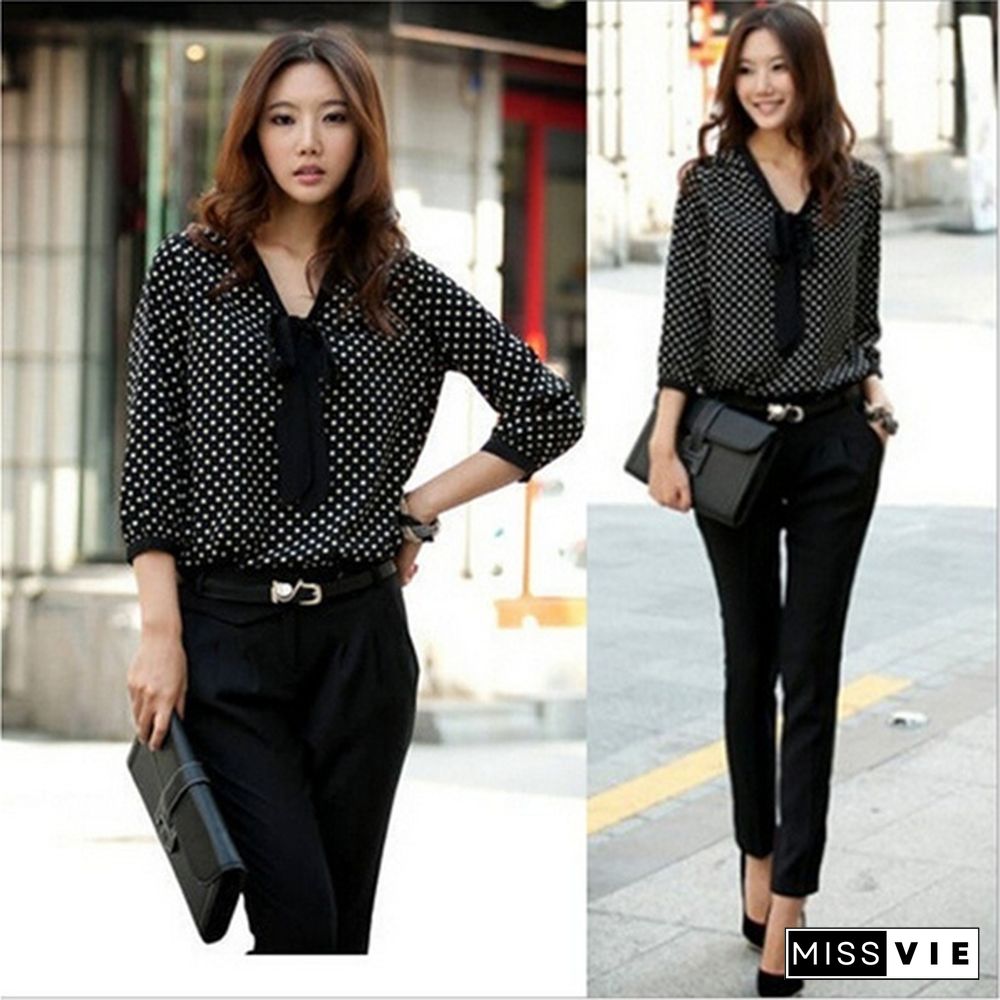 Spring And Summer Fashion Women Sweety Long Sleeve Chiffon Bowknot Shirt Hot Sale Casual O-Neck Dot Blouse Top
