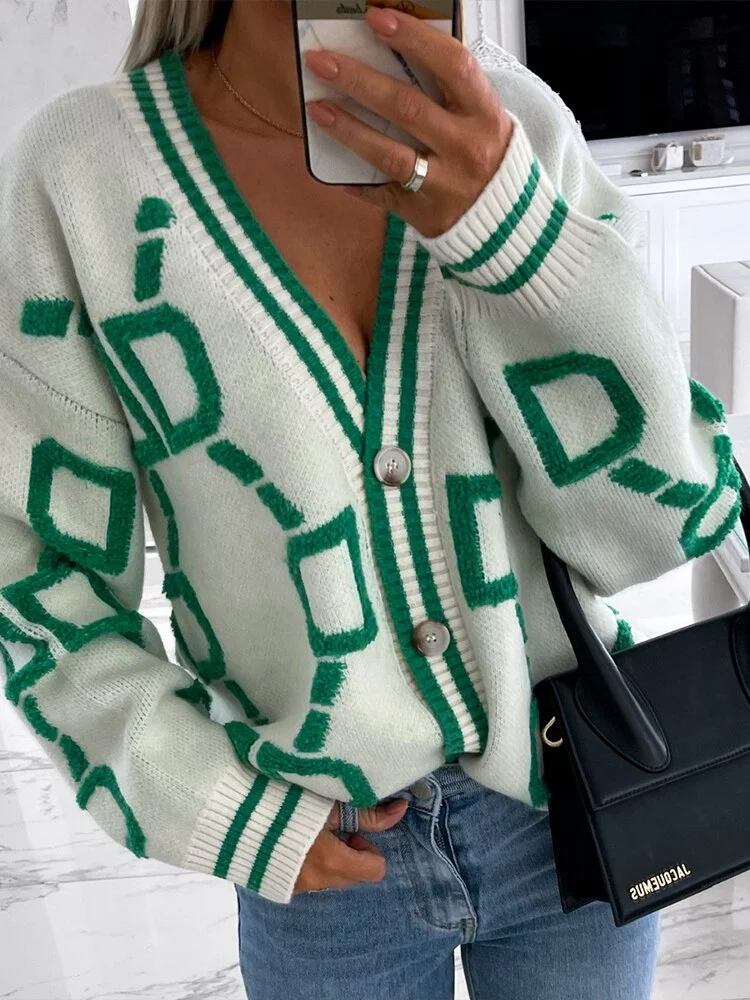 Jacuqeline Autumn Winter 2021 V Neck Knitted Oversized Cardigan Women Sweater Long Sleeve Casual Fashion Loose Jumper Tops Green