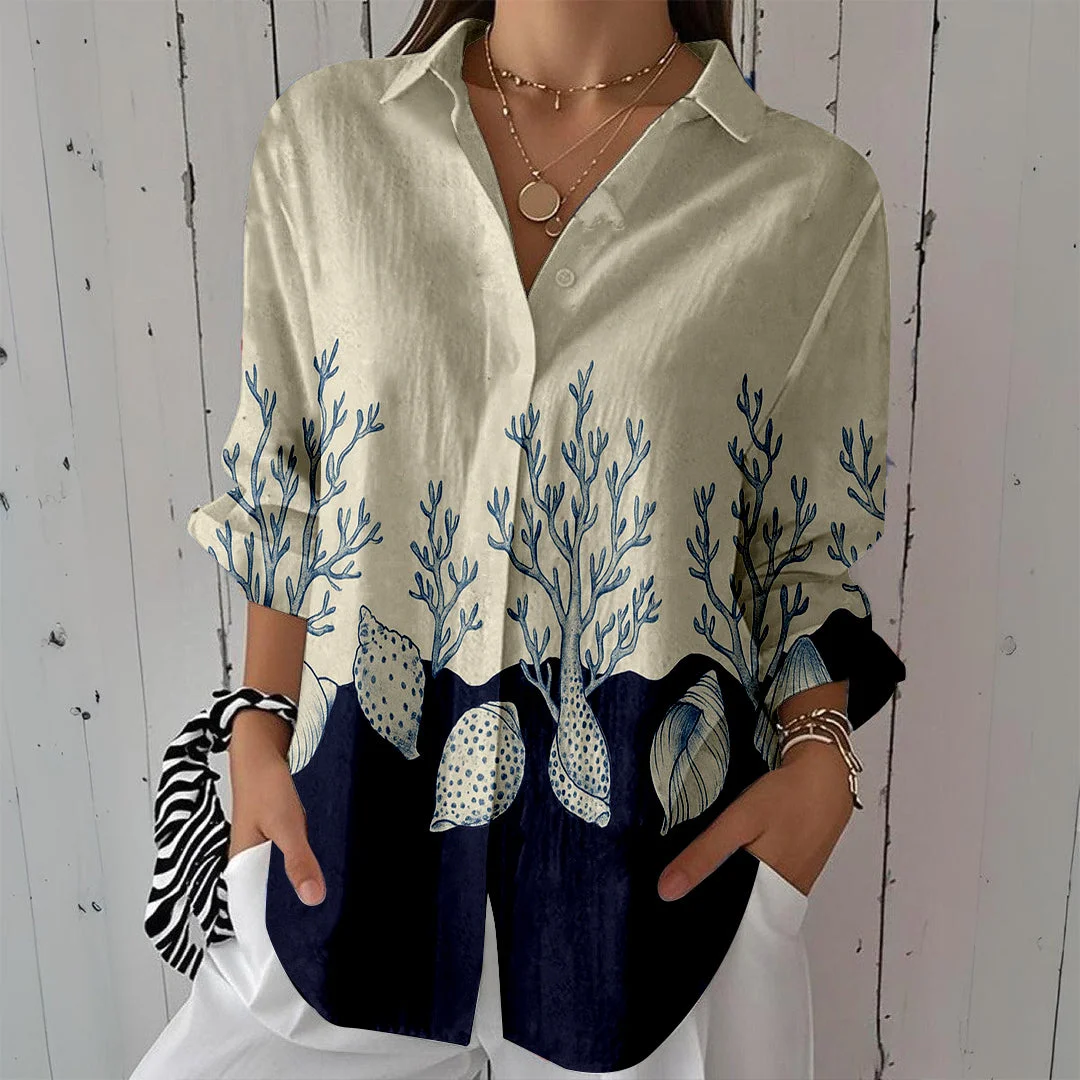 Style & Comfort for Mature Women Women Ocean, Blue DZCL0200 3/4 Sleeve Shirt Collar Printed Button Tops