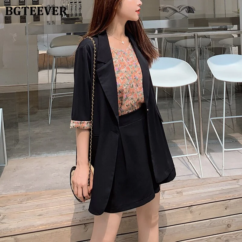 BGTEEVER 3 pieces Female Shorts Set Short Sleeve Blazer & Loose Shorts & Shirts Summer Short Pant Suits for Women tracksuit