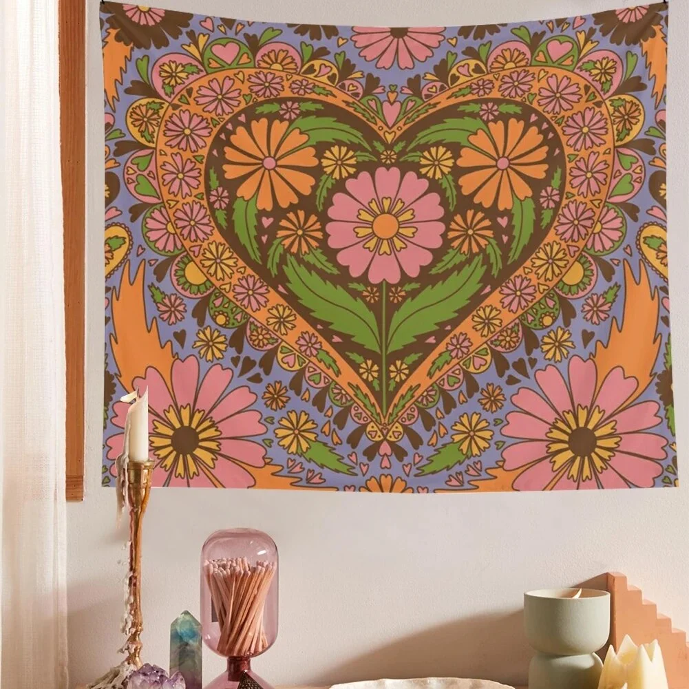 Vintage Floral Heart Wall psychedelic Tapestry Hanging 80S Retro Wall Decor Tapestries Hanging 90S Wall Decor Tapestry