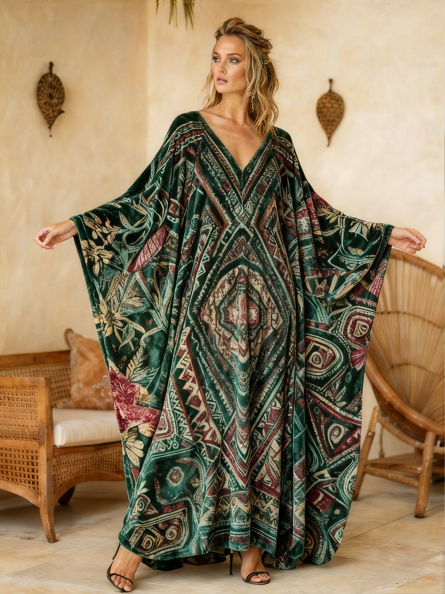 Women's Bohemian Art Pattern V-Neck Long Cover-Up Velvet Skirt