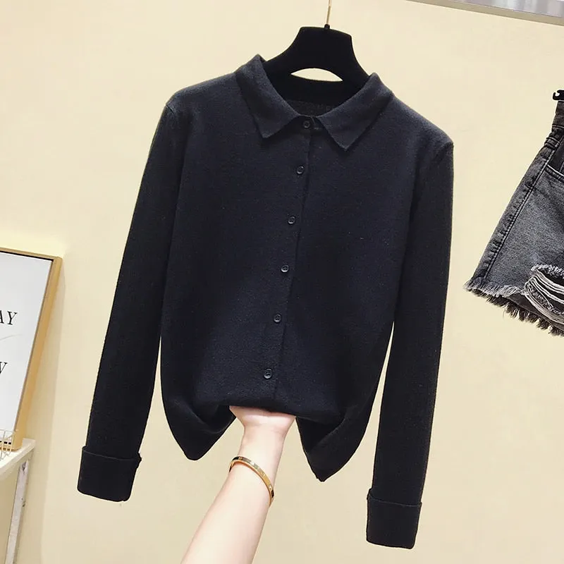 Spring Autumn Long Sleeve Single Breasted Women Sweater Polo Collar Knitted Cardigan Loose Lazy Lapel Bottoming Shirt Coat 11181