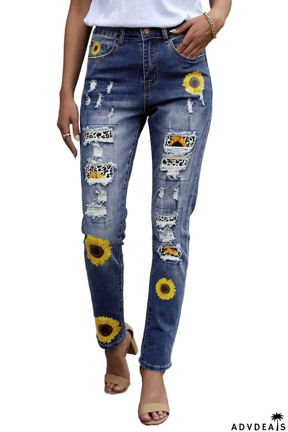 Patchwork Sunflower Print Distressed High Waist Jeans
