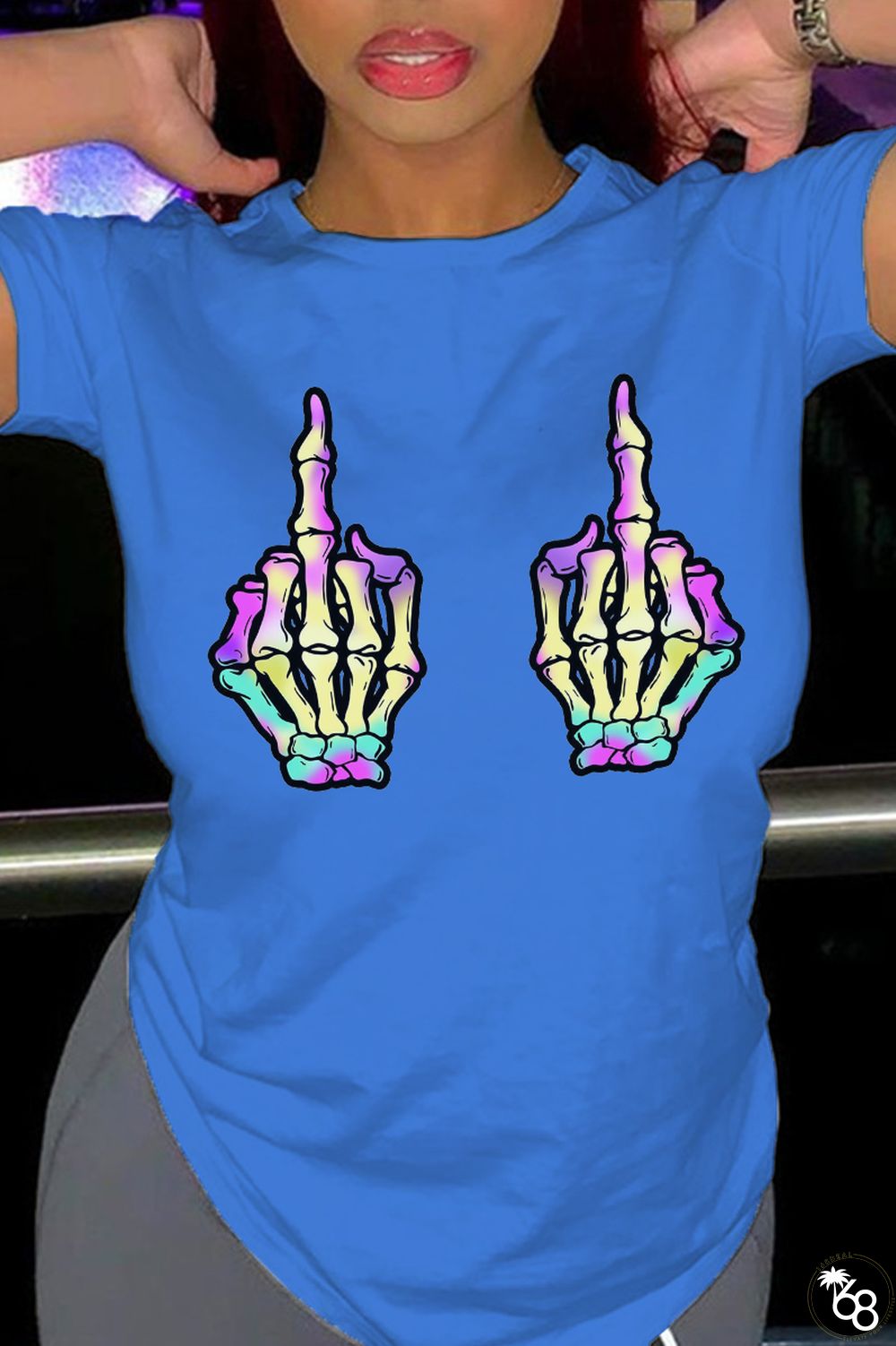 Royal Blue Casual Daily Print Skull Patchwork O Neck T-Shirts | 168DEAL
