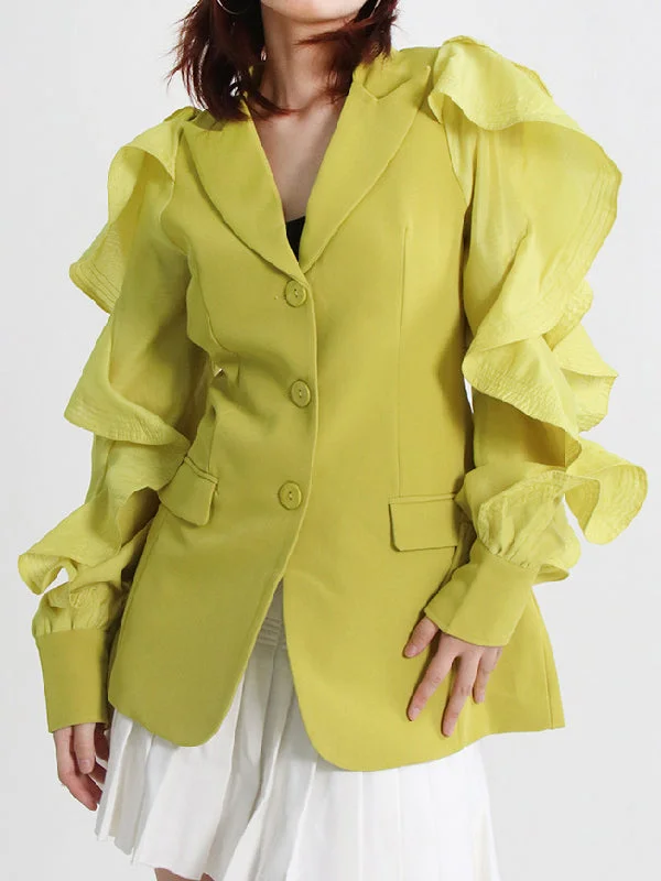 Art Green Notched Collar Buttoned Pockets Ruffled Long Sleeve Blazer