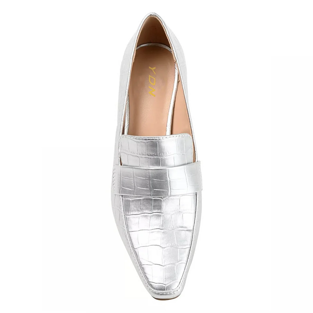 Silver Metallic Finish Croc Embossed Square Toe Loafer Heels