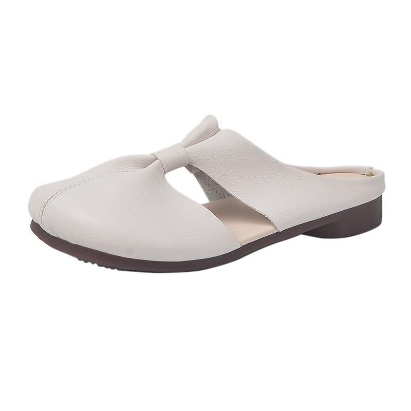 Qengg Women's Genuine Leather Pleated Flats Slides Round Toe Leisure Female Summer Mules Casual Ytmtloy House Slippers Zapato Mujer