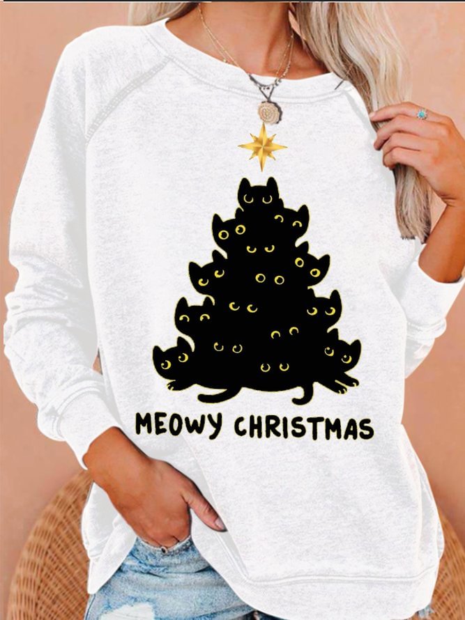 Womens Black Cat Meowy Christmas Casual Letters Sweatshirts