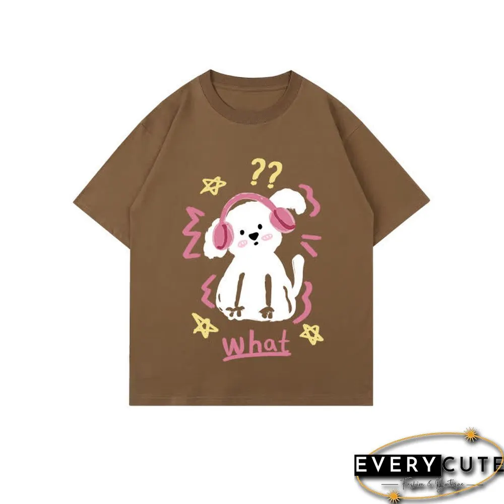 Kawaii Letter Puppy Print Round Collar Oversized T-Shirt