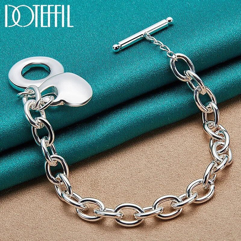 925 Sterling Silver Solid Heart Pendant Bracelet Thick Chain For Woman Man Jewelry