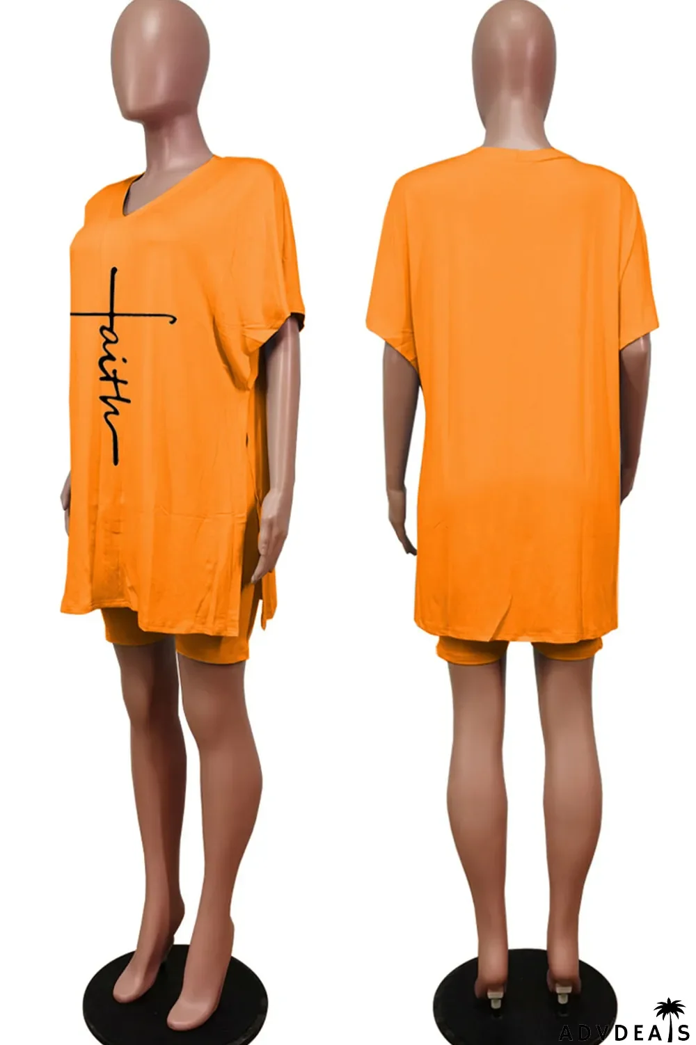 Tangerine Red Casual Print Split Joint V Neck Short Sleeve Two Pieces