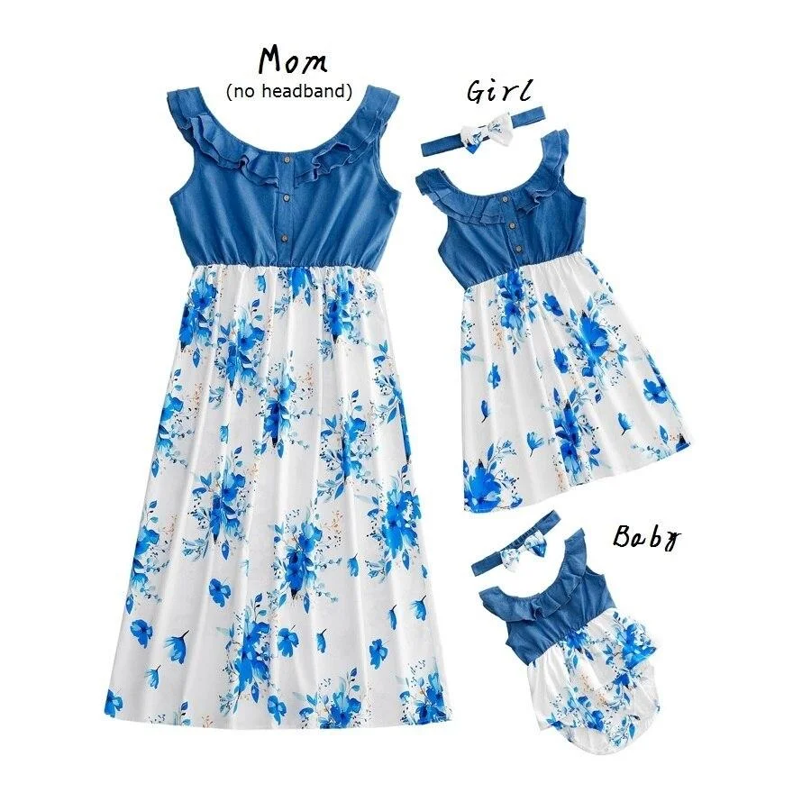 Irregular Mother Daughter Macthing Dresses Family Set Flower Mom Mum Baby Mommy and Me Clothes Fashion Women Girls Cotton Dress