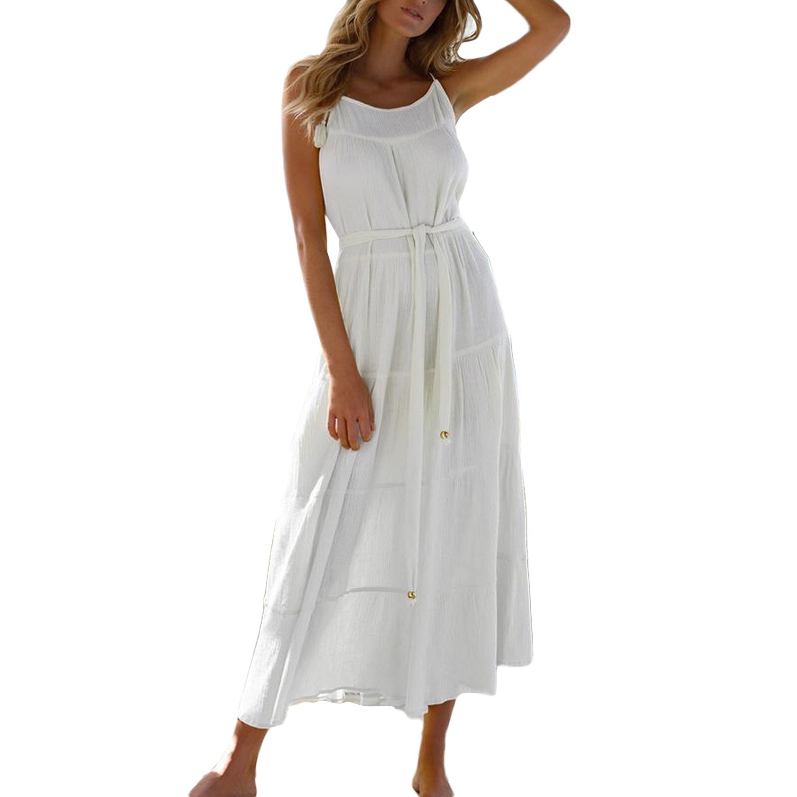 Women Sleeveless Belted Solid Color Spaghetti Strap Vacation Dress